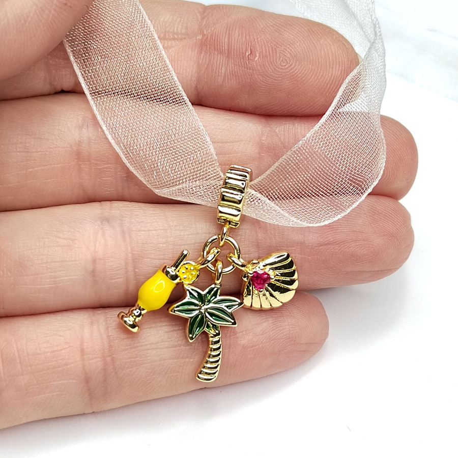 Подвеска из трёх предметов Пальма  Веер и Коктейль, 30 мм, покрытие Позолота