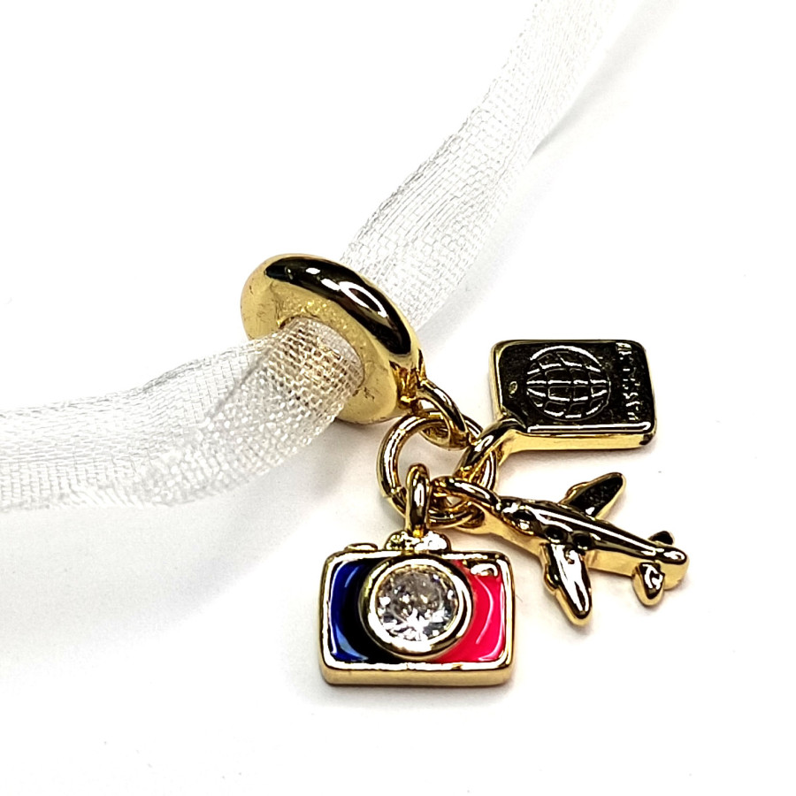 Подвеска из трёх предметов Фотоаппарат - Самолёт - Паспорт, 25 мм, покрытие Позолота