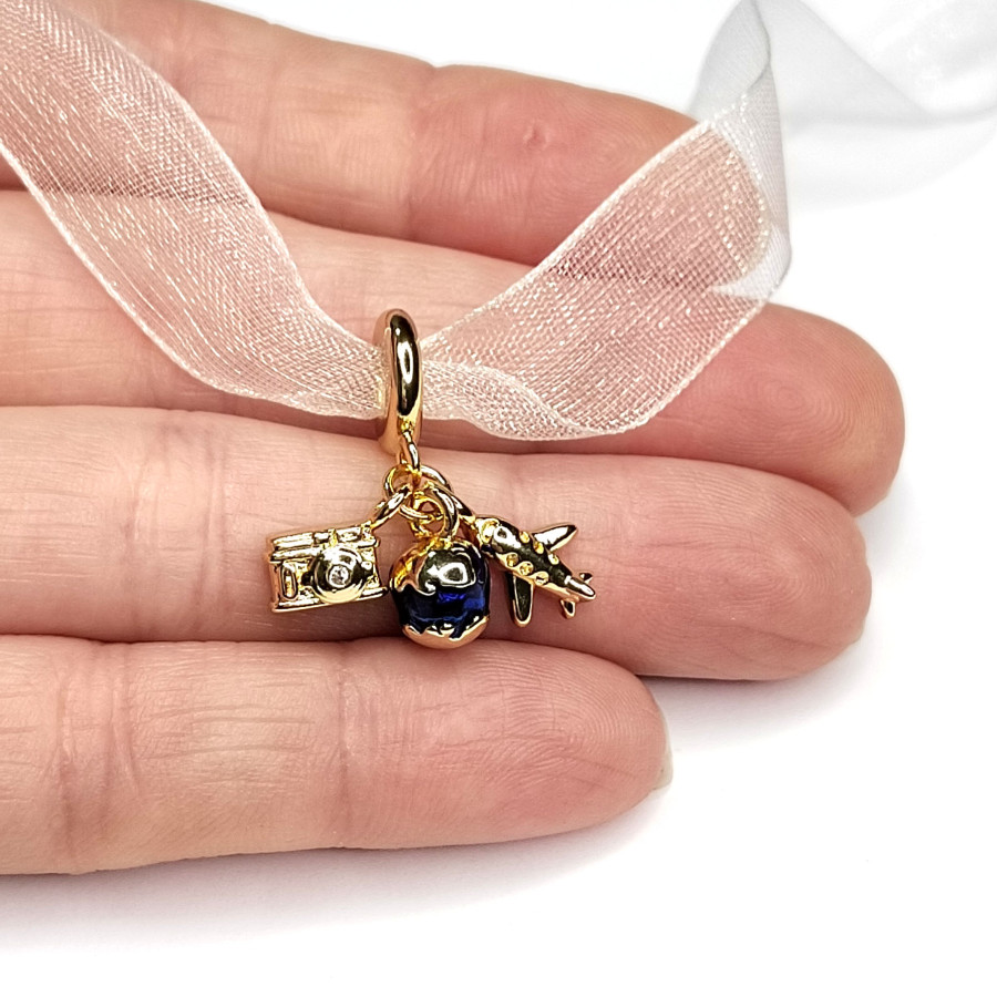 Подвеска из трёх предметов Фотоаппарат - Самолёт - Планета, 23 мм, покрытие Позолота