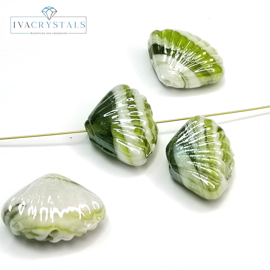 Бусина керамическая Ракушка 21х16 мм, цвет Белый / Светло-зелёный, ШТУКА