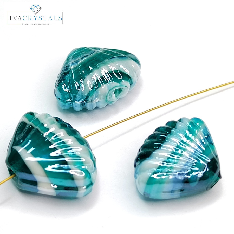 Бусина керамическая Ракушка 21х16 мм, цвет Белый / Бирюзовый, ШТУКА