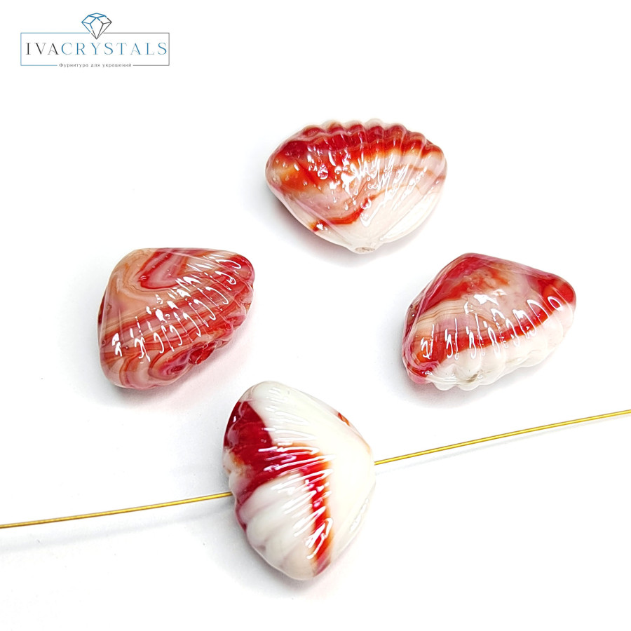 Бусина керамическая Ракушка 21х16 мм, цвет Белый / Красный, ШТУКА