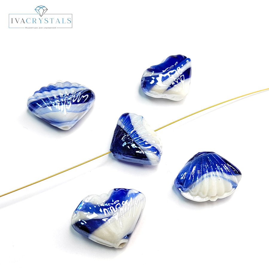 Бусина керамическая Ракушка 21х16 мм, цвет Белый / Синий, ШТУКА