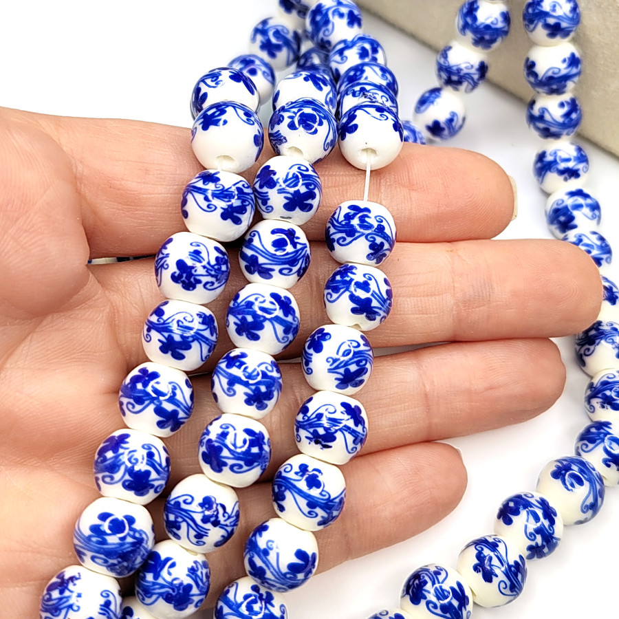 Бусины керамические 10 мм с узором Гжель, ШТУКА