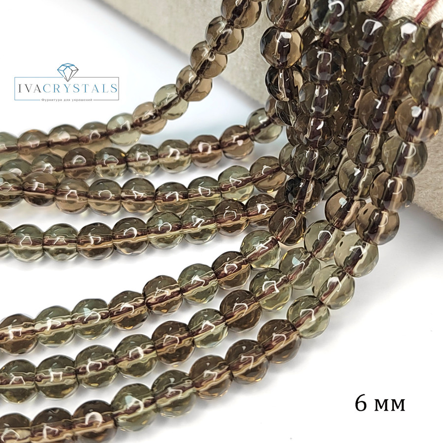 Раухтопаз натуральный, Дымчатый кварц 6 мм, нить 38 см