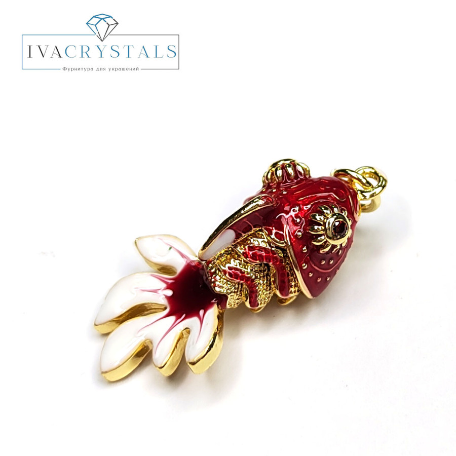 Подвеска Рыбка 27х14 мм с подвижным хвостиком, цвет красный / белый, штука Позолота