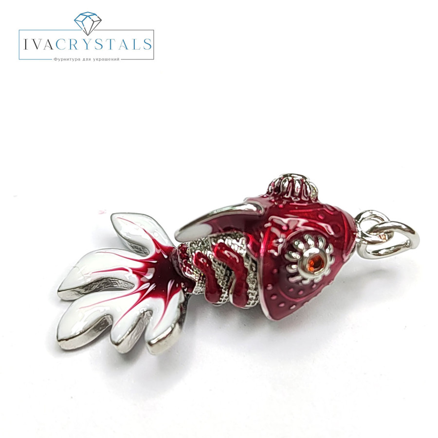 Подвеска Рыбка 27х14 мм с подвижным хвостиком, цвет красный / белый, штука Родий
