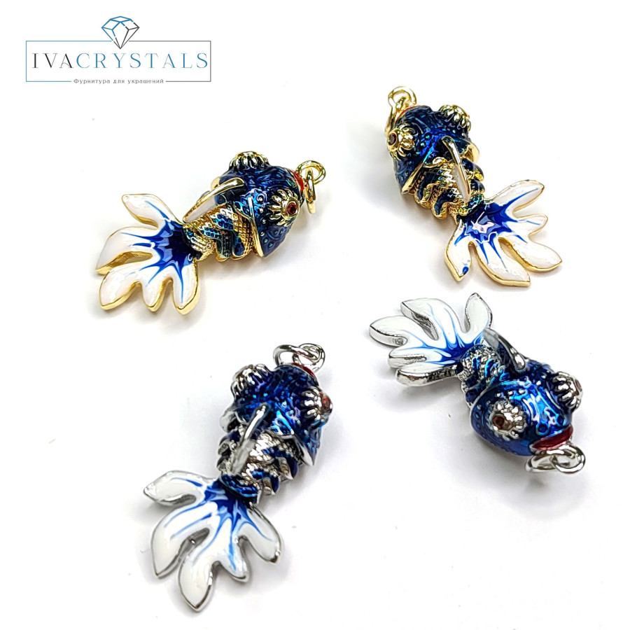 Подвеска Рыбка 27х14 мм с подвижным хвостиком, цвет синий / белый, штука