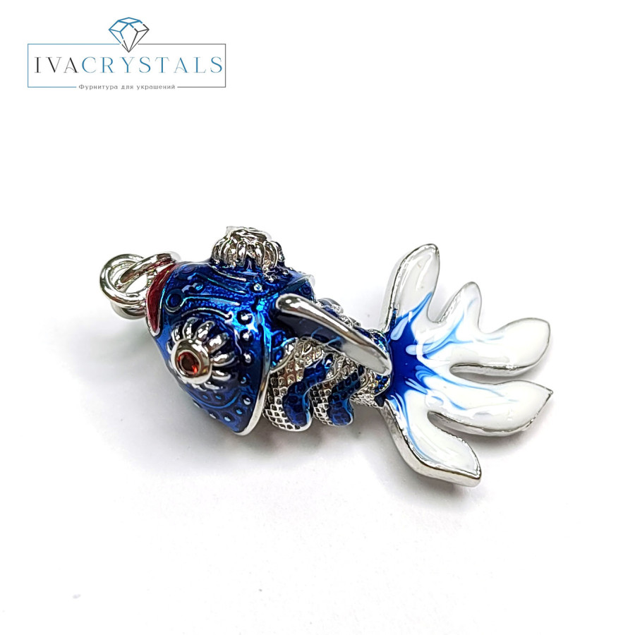 Подвеска Рыбка 27х14 мм с подвижным хвостиком, цвет синий / белый, штука покрытие Родий