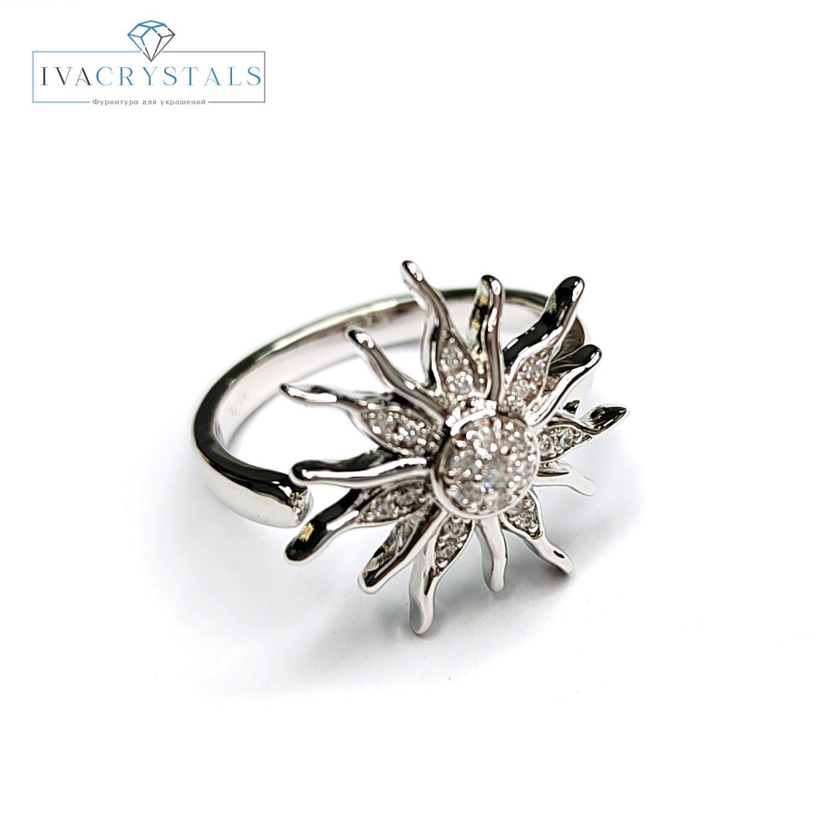 Кольцо безразмерное с фианитами, Солнце 17,5 мм Родий