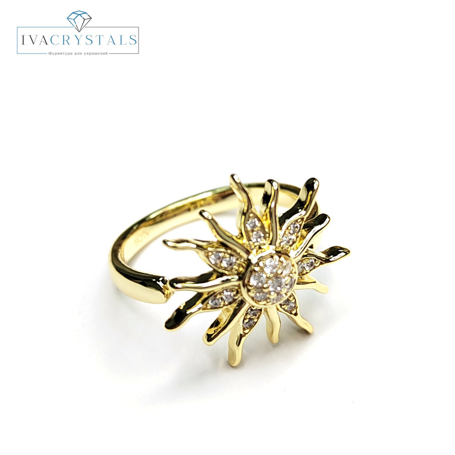 Кольцо безразмерное с фианитами, Солнце 17,5 мм Позолота