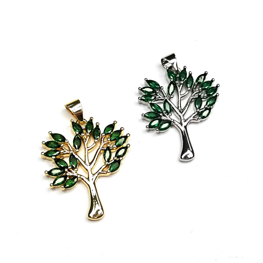 Крупная подвеска Дерево с зелёными фианитами, 30х22 мм, штука