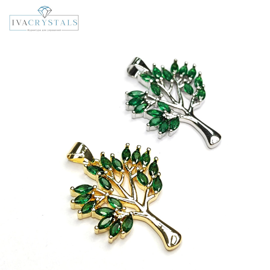 Крупная подвеска Дерево с зелёными фианитами, 30х22 мм, штука