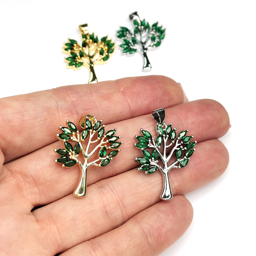 Крупная подвеска Дерево с зелёными фианитами, 30х22 мм, штука