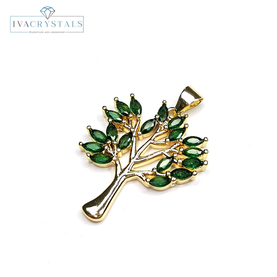 Крупная подвеска Дерево с зелёными фианитами, 30х22 мм, штука покрытие Позолота