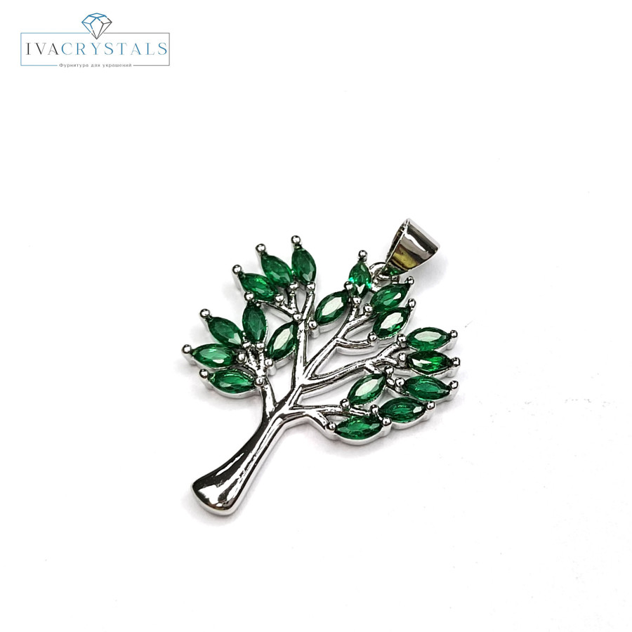 Крупная подвеска Дерево с зелёными фианитами, 30х22 мм, штука покрытие Родий