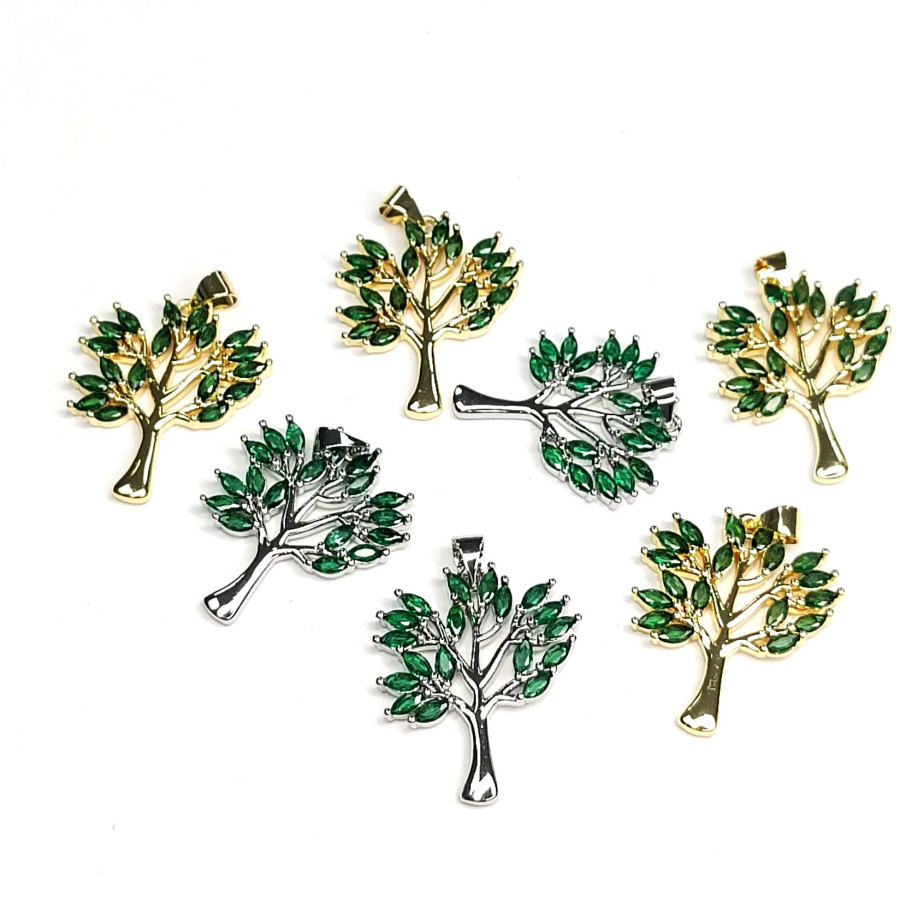 Крупная подвеска Дерево с зелёными фианитами, 30х22 мм, штука