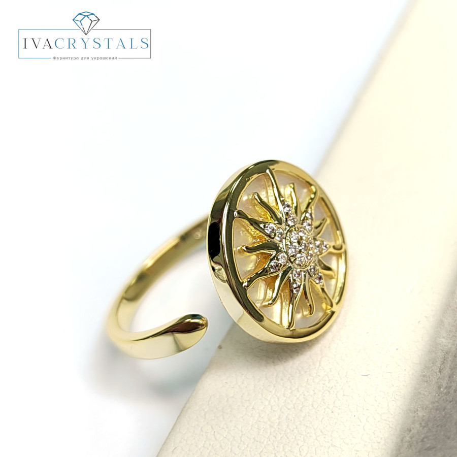 Кольцо с белым перламутром,Солнце с фианитами 16 мм, штука Позолота