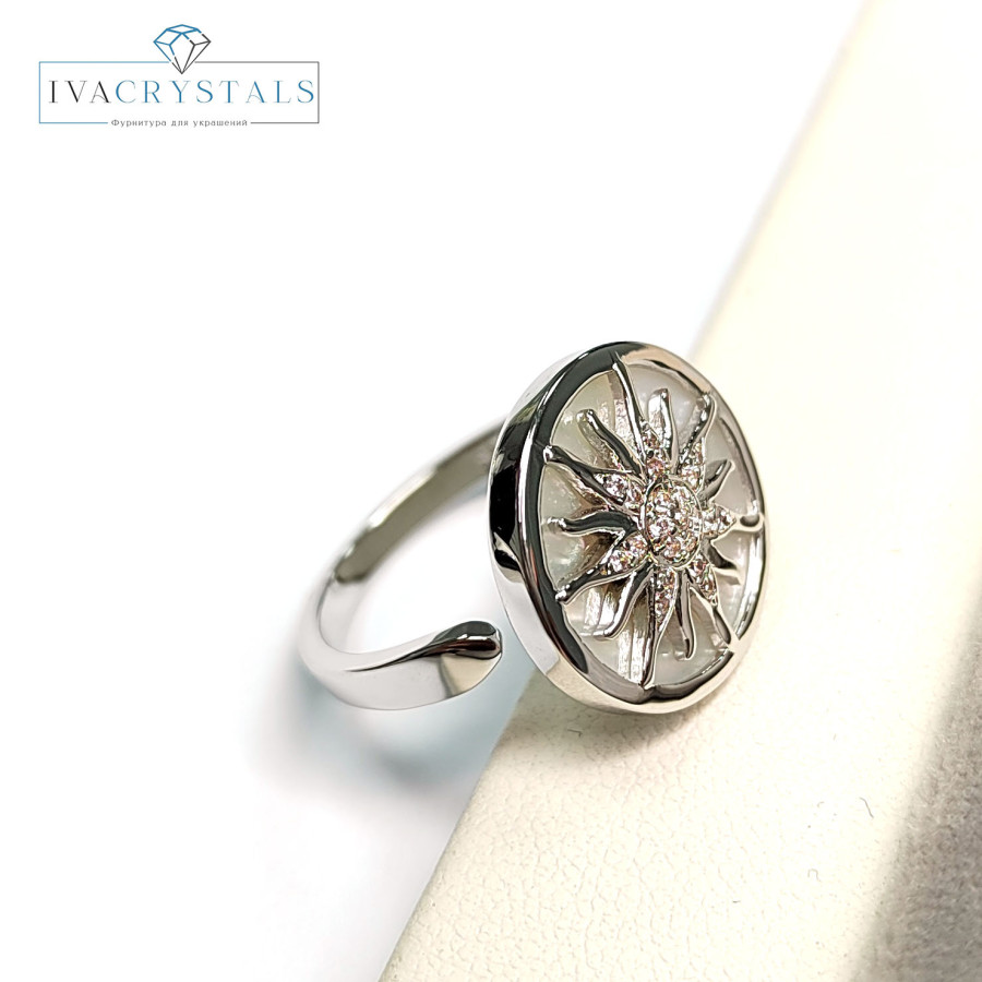 Кольцо с белым перламутром,Солнце с фианитами 16 мм, штука Родий