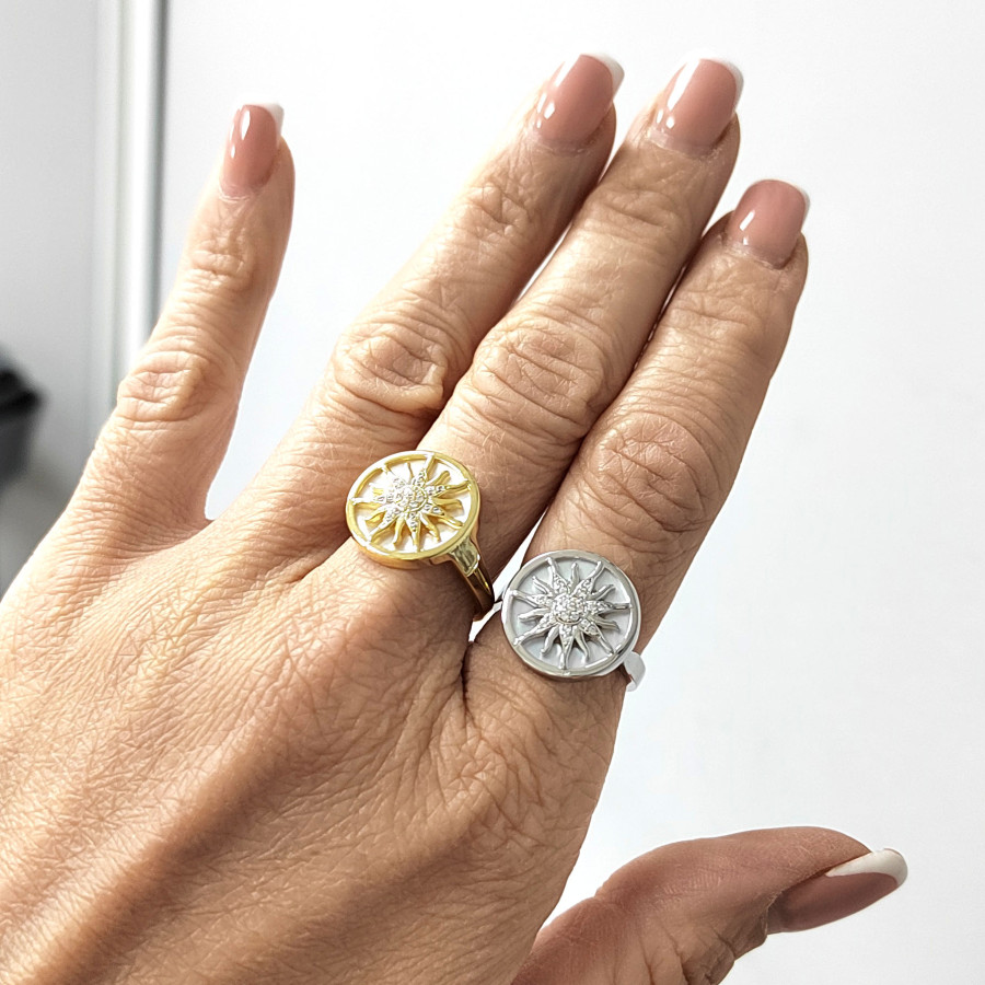 Кольцо с белым перламутром,Солнце с фианитами 16 мм, штука