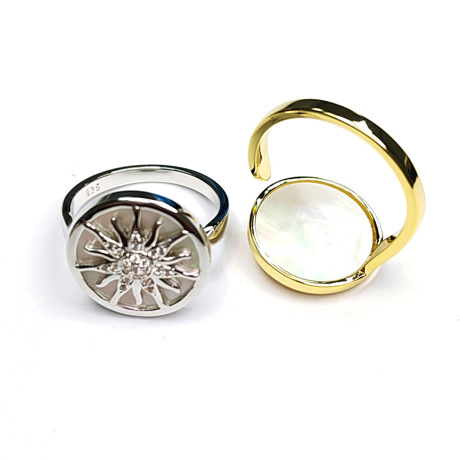 Кольцо с белым перламутром,Солнце с фианитами 16 мм, штука