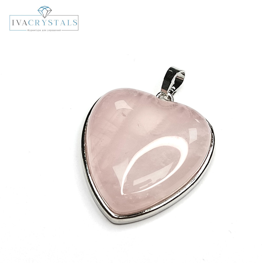 Крупная подвеска Сердце Розовый кварц 34х32 мм, покрытие Родий, штука
