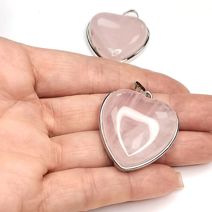 Крупная подвеска Сердце Розовый кварц 34х32 мм, покрытие Родий, штука