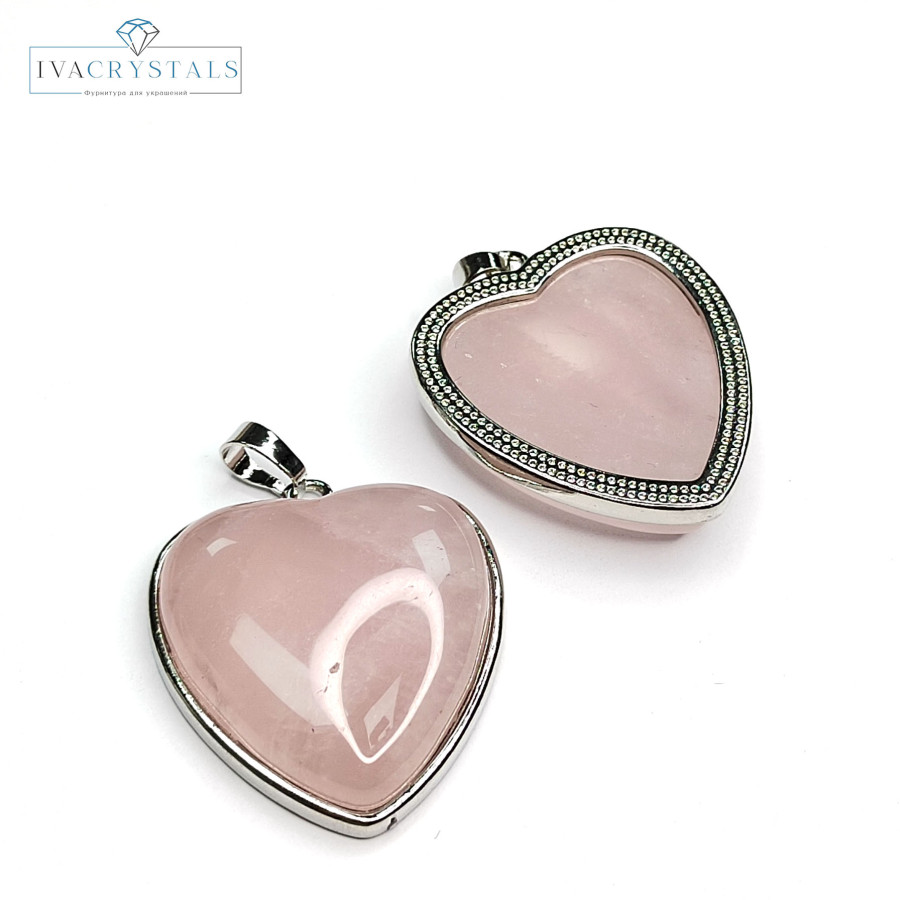 Крупная подвеска Сердце Розовый кварц 34х32 мм, покрытие Родий, штука