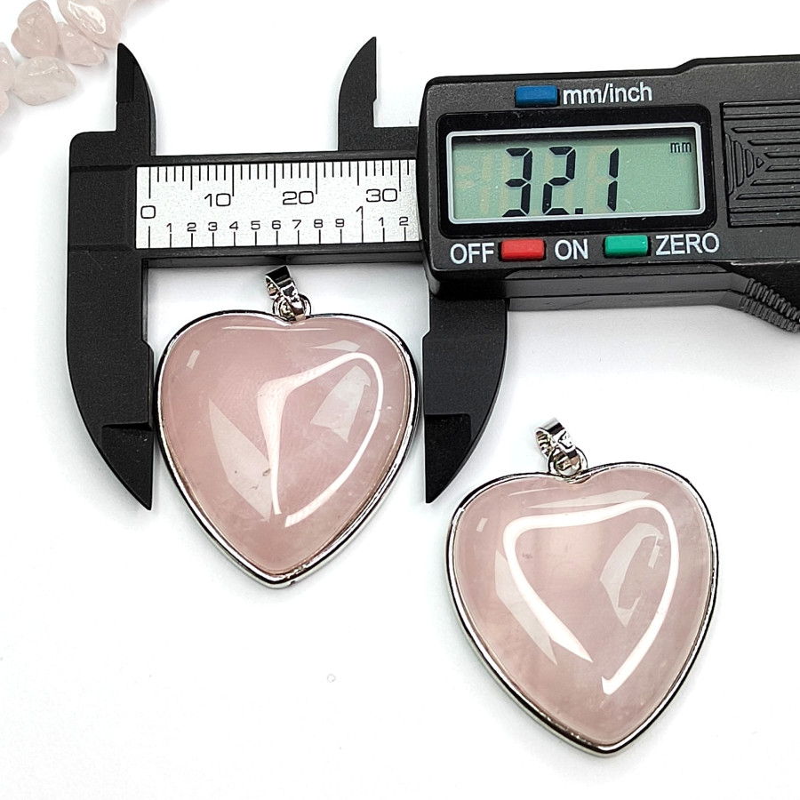 Крупная подвеска Сердце Розовый кварц 34х32 мм, покрытие Родий, штука