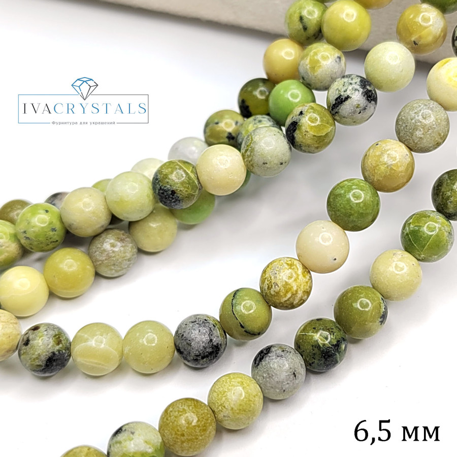 6,5 мм Хризопраз натуральный, гладкий шар, нить 38-39 см