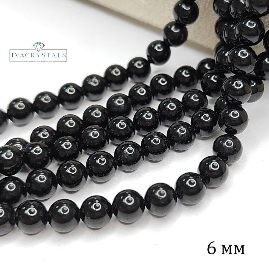 Шерл натуральный, Черный турмалин, гладкий шар, нить 39-40 см 6 мм
