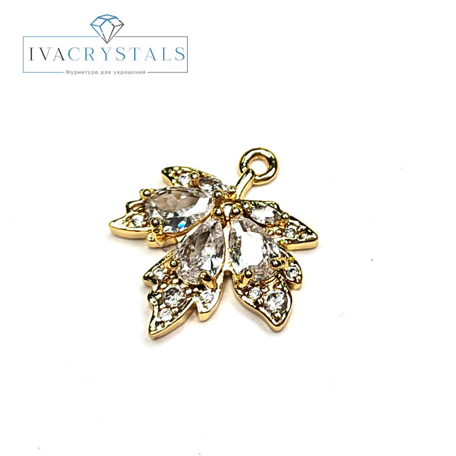 Подвеска Лист кленовый 19х17 мм с прозрачными фианитами с позолоченным покрытием, штука