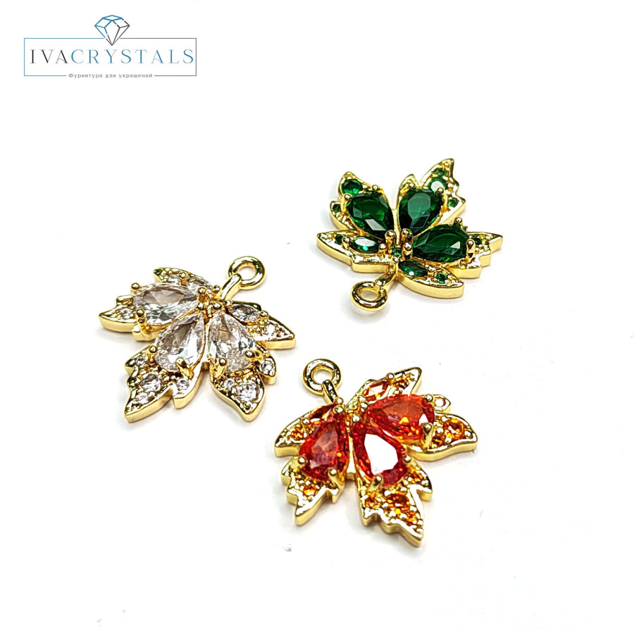 Подвеска Лист кленовый 19х17 мм с прозрачными фианитами с позолоченным покрытием, штука