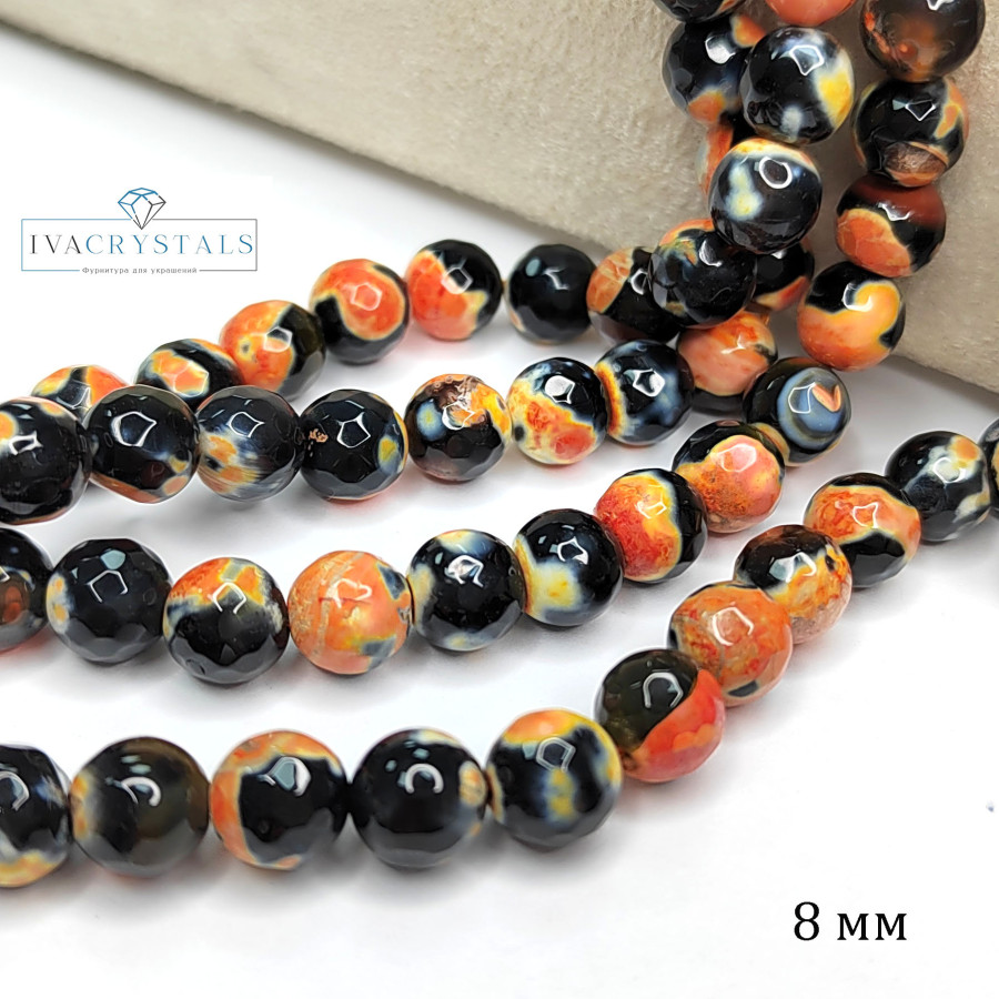 Агат африканский натуральный 8 мм, Огранка, цвет Черный - оранжевый, НИТЬ 36-37 см