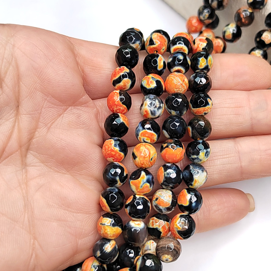Агат африканский натуральный 8 мм, Огранка, цвет Черный - оранжевый, НИТЬ 36-37 см