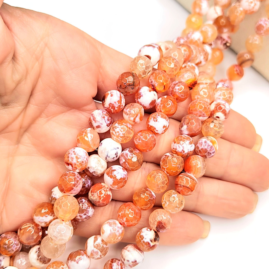 Агат африканский 8 мм, Вены дракона, Огранка, цвет Оранжевый - белый, НИТЬ 38 см
