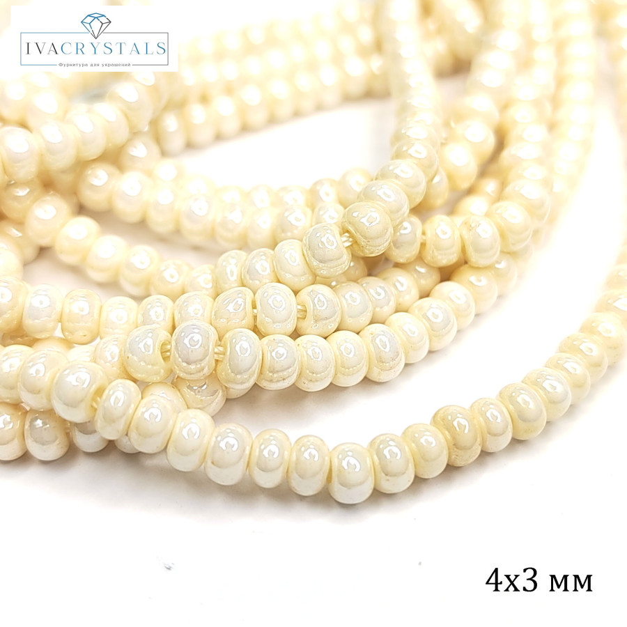 Майорка Стеклянный жемчуг 4х3 мм, цвет молочный (айвори), НИТЬ 32-33 см