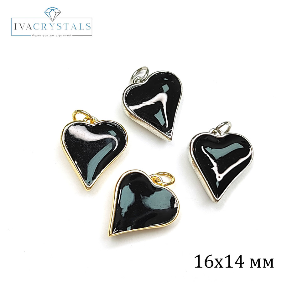 Подвеска Сердце 16х14 мм с чёрной эмалью, штука