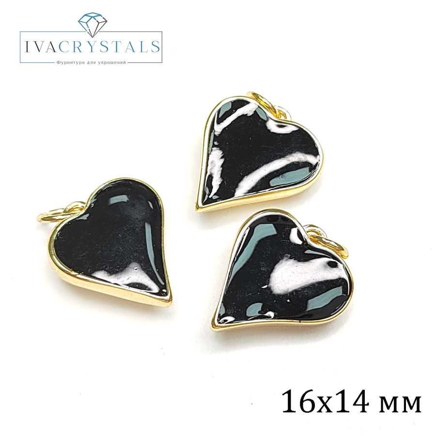 Подвеска Сердце 16х14 мм с чёрной эмалью, штука покрытие Позолота