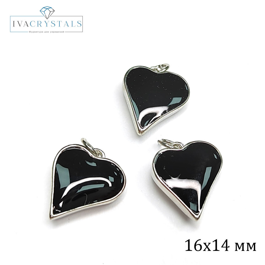 Подвеска Сердце 16х14 мм с чёрной эмалью, штука покрытие Родий