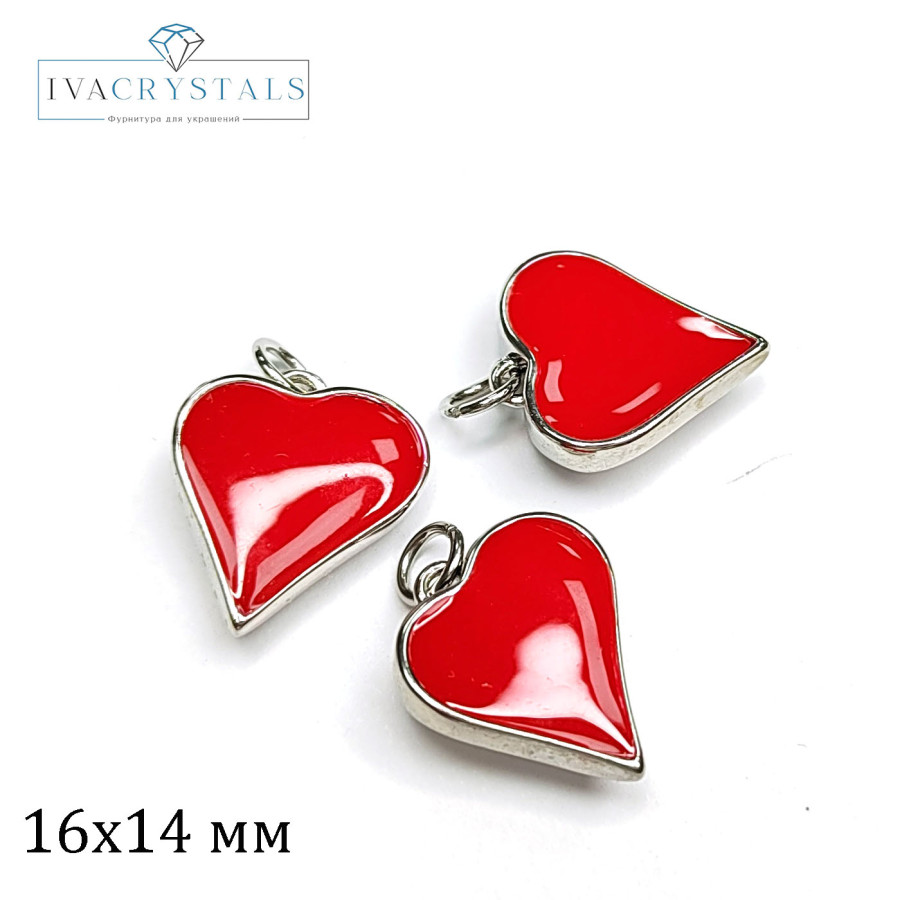Подвеска Сердце 16х14 мм с красной эмалью, штука покрытие Родий