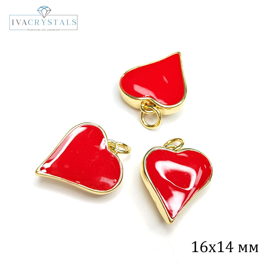 Подвеска Сердце 16х14 мм с красной эмалью, штука покрытие Позолота