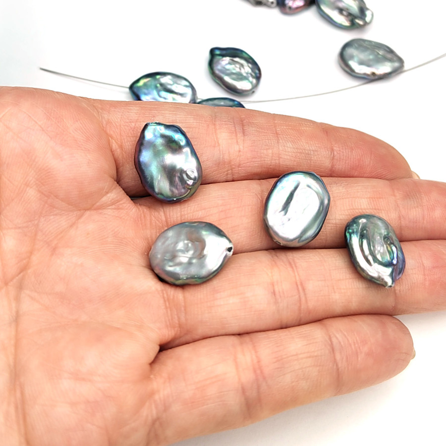 Жемчуг натуральный Кеши 17х13 мм, культивированный, форма Оливка, цвет радужно-серый, ШТУКА