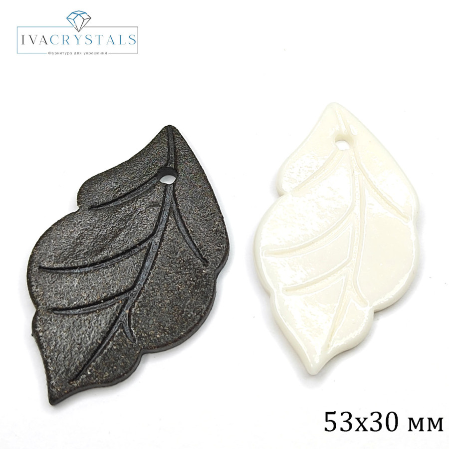 Подвеска Лист 53х30 мм из белого фарфора и чёрной глины (ручная работа), штука