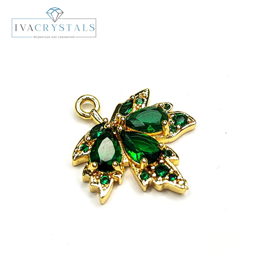 Подвеска Лист кленовый 19х17 мм с зелёными фианитами, штука покрытие Позолота