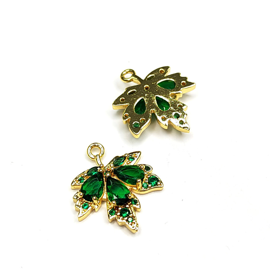 Подвеска Лист кленовый 19х17 мм с зелёными фианитами, штука