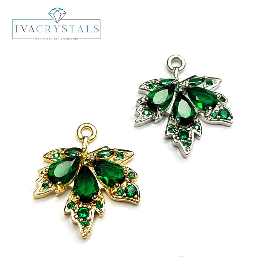 Подвеска Лист кленовый 19х17 мм с зелёными фианитами, штука