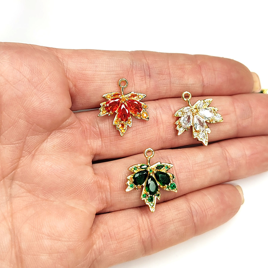 Подвеска Лист кленовый 19х17 мм с оранжевыми фианитами, штука