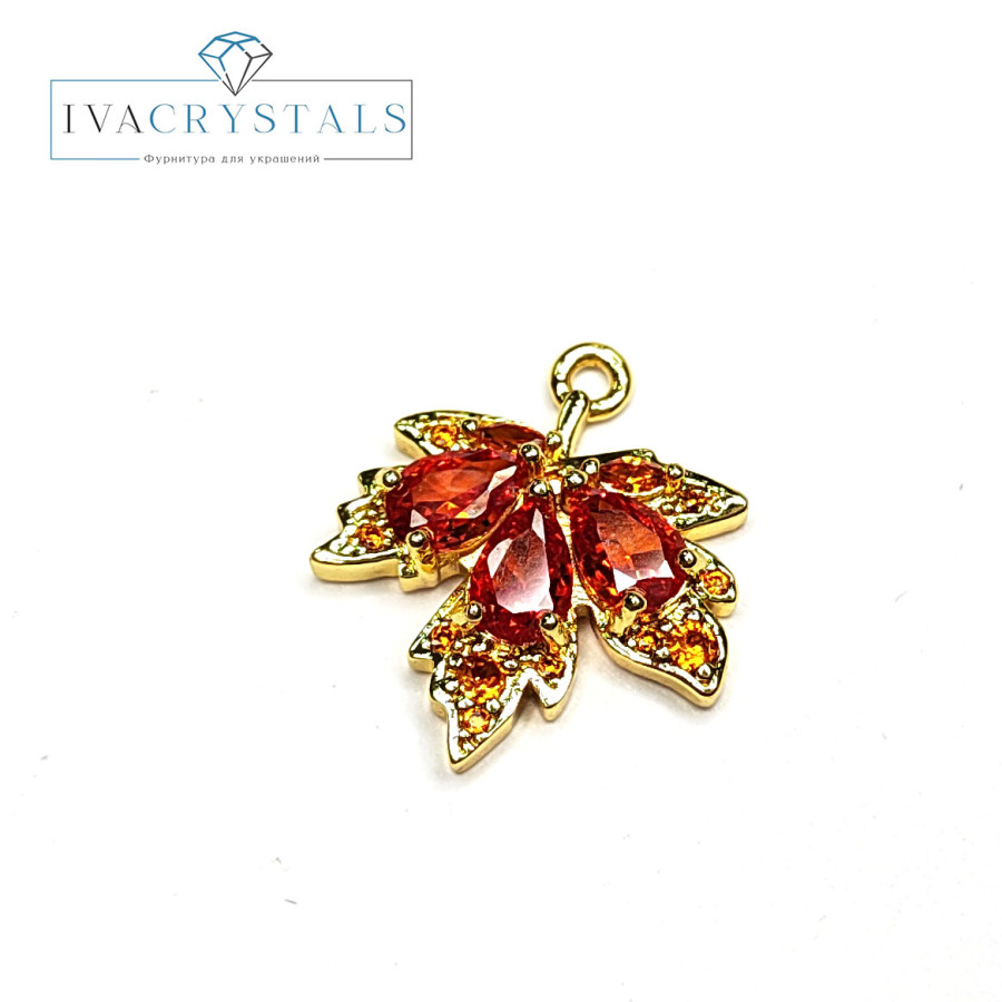 Подвеска Лист кленовый 19х17 мм с оранжевыми фианитами, штука покрытие Позолота