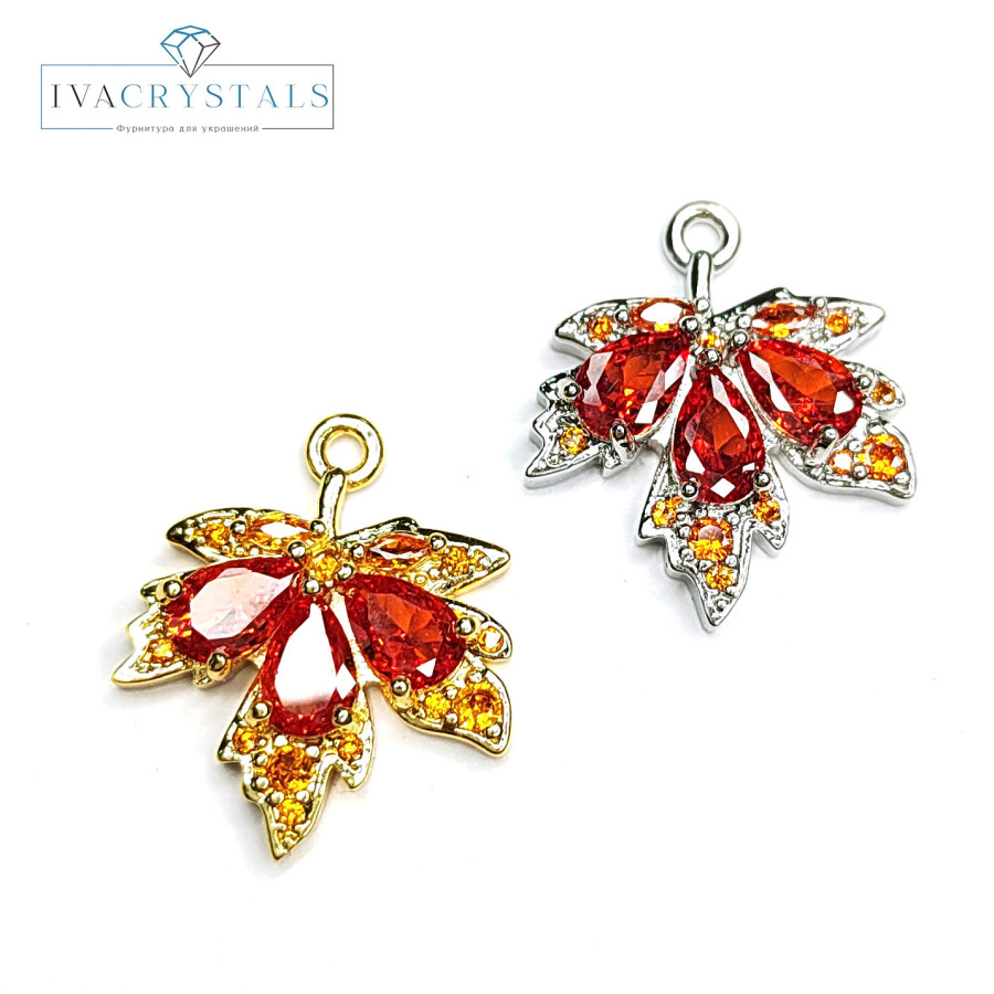 Подвеска Лист кленовый 19х17 мм с оранжевыми фианитами, штука